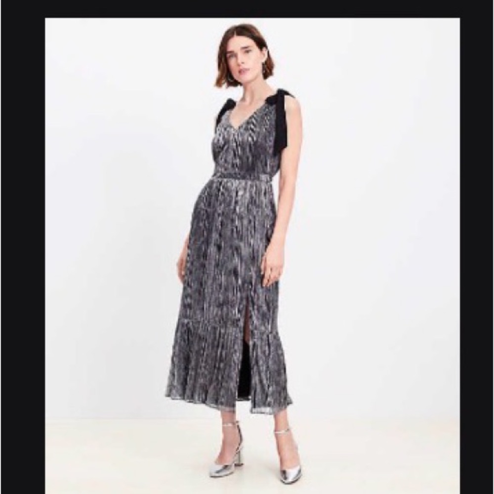 Tie Strap Tiered Maxi shimmer sparkle silver black The Loft Dress